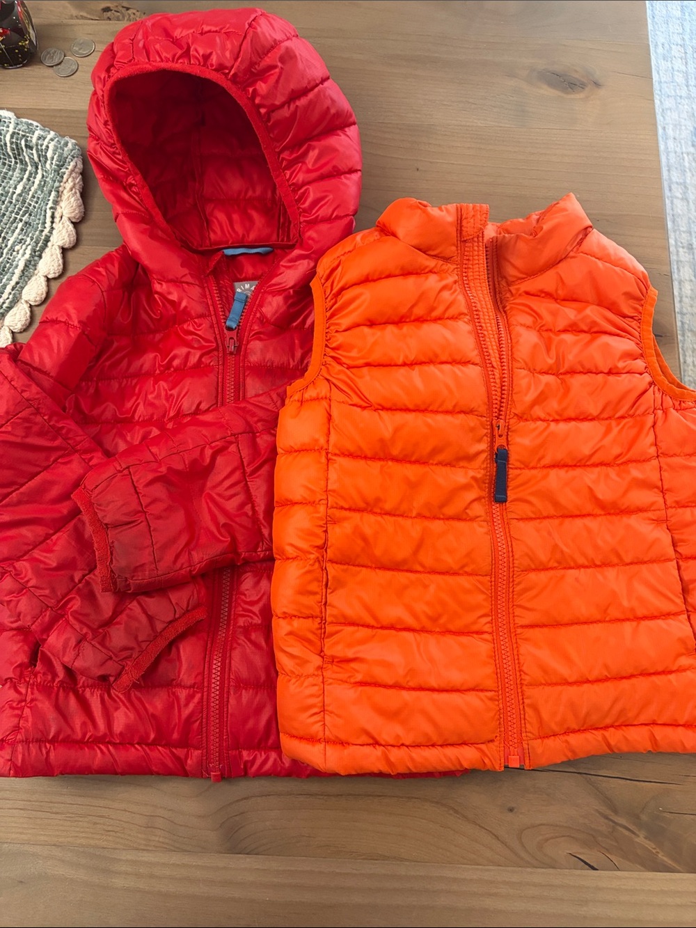 Red Hooded Puffer Jacket & Orange Quilted Vest Set bundle